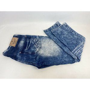 Akademiks Jeanius Mens Jeans Size 34x30 Acid Washed Distressed Faded Blue Denim